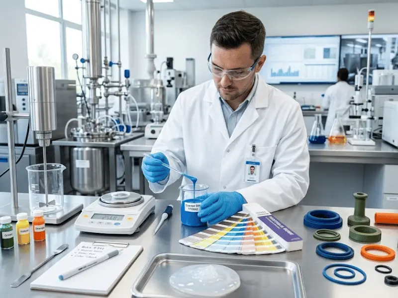 Engineer inspecting silicone color samples in a clean lab with pigment, color cards, and molded silicone parts Engineer inspecting silicone color samples in a clean lab with pigment, color cards, and molded silicone parts