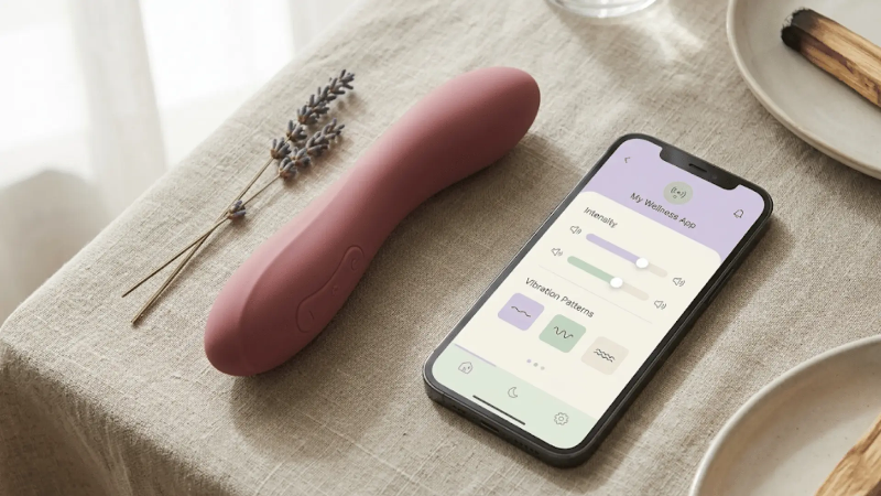 App-controlled vibrator next to a smartphone showing app-based vibration controls App-controlled vibrator next to a smartphone showing app-based vibration controls