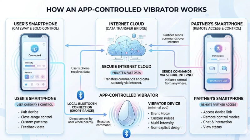 Diagram showing Bluetooth local control and internet-based long-distance control for an app-controlled vibrator Diagram showing Bluetooth local control and internet-based long-distance control for an app-controlled vibrator