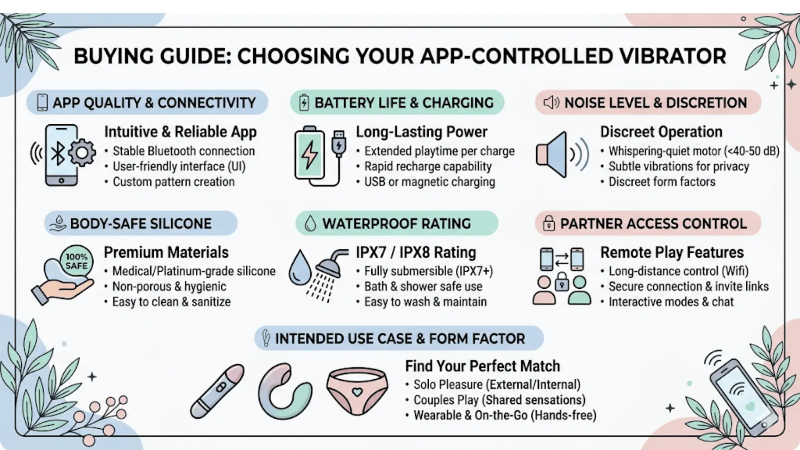 Buying guide infographic showing the key features to compare in an app-controlled vibrator Buying guide infographic showing the key features to compare in an app-controlled vibrator